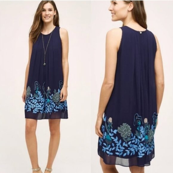 Not So Serious Woodvine Swing Dress Embroidered Sleeveless Blue Floral - Picture 1 of 15